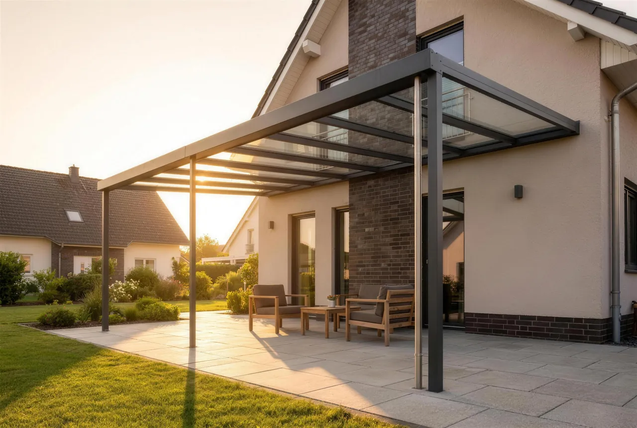 Terrassenüberdachung aus Aluminium mit Glasdach an einem Einfamilienhaus